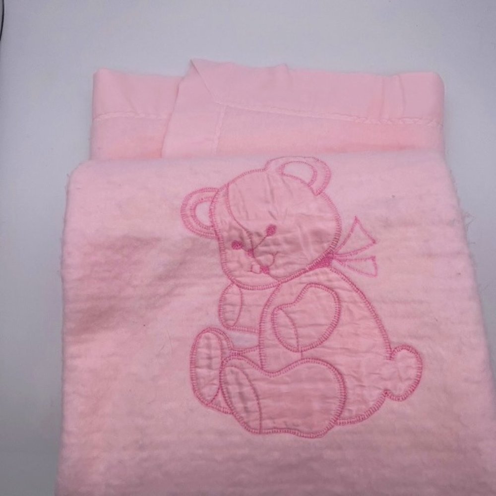 VTG Quiltex Pink Teddy Bear Baby Crib Blanket Nylon Binding Fleece USA 36x51